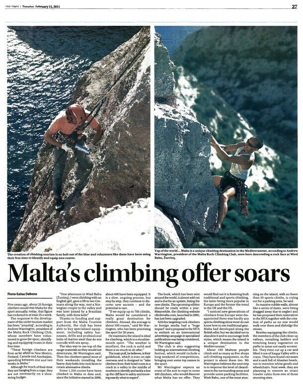 Malta’s potential as a climbing destination reaches the press once again